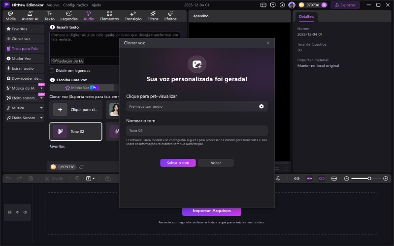 Clonagem de voz edimakor - visualize e salve a voz clonada