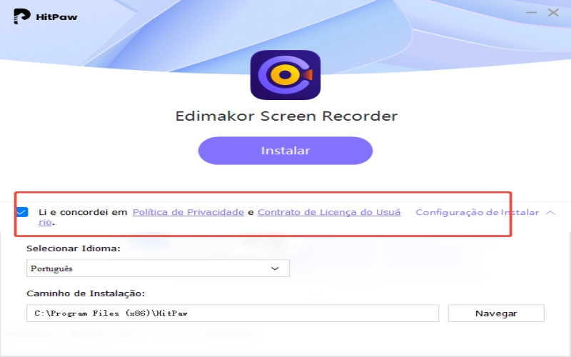 Para instalar o gravador de tela Edimakor, é necessário aceitar o contrato.