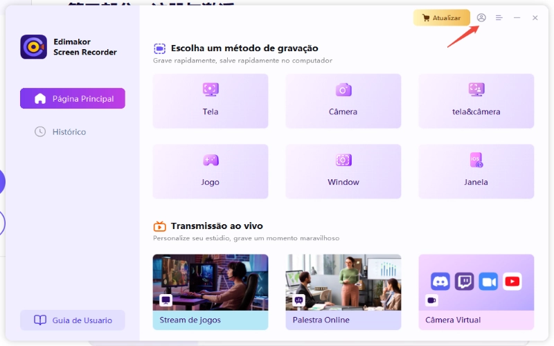 interface inicial do gravador de tela edimakor