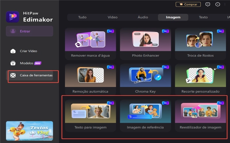 caixa de ferramentas do gerador de imagens de IA