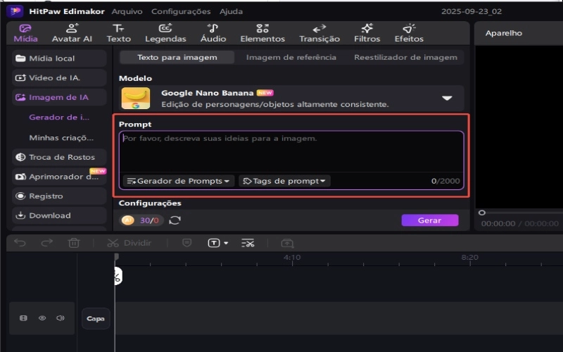 prompt de texto para imagem de IA