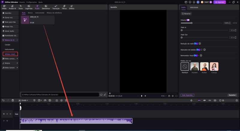 adicionar música à linha do tempo a partir de texto