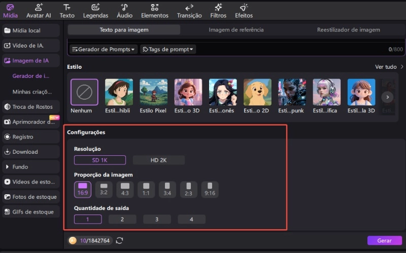 configurações de texto para imagem de IA