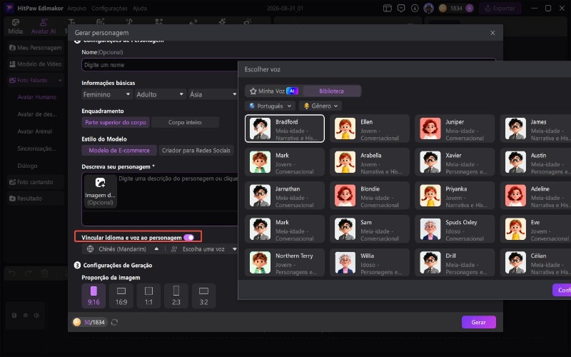 associar vozes e idiomas ao avatar