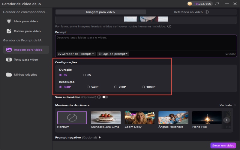 Configurações de parâmetros de vídeo