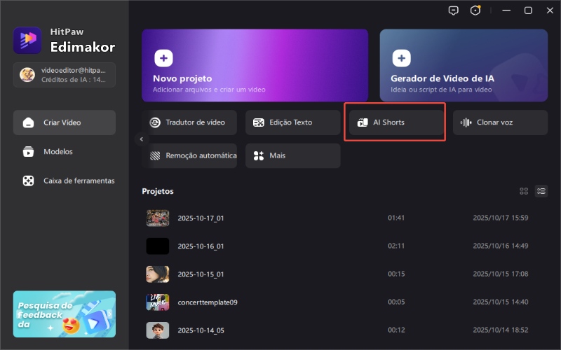 barra de ferramentas de shorts de IA