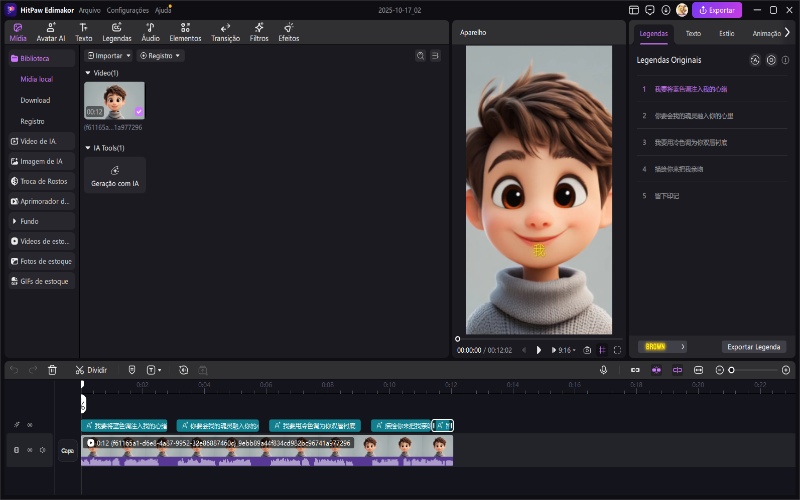 edição de shorts de IA na linha do tempo