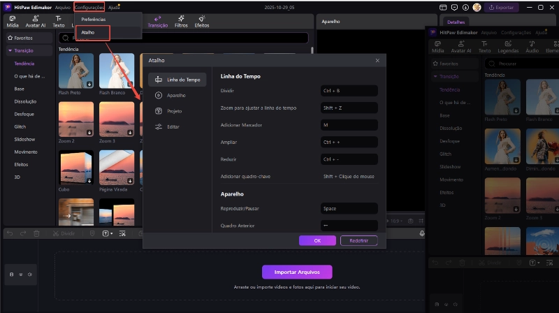 Atalhos de teclado do editor de vídeo