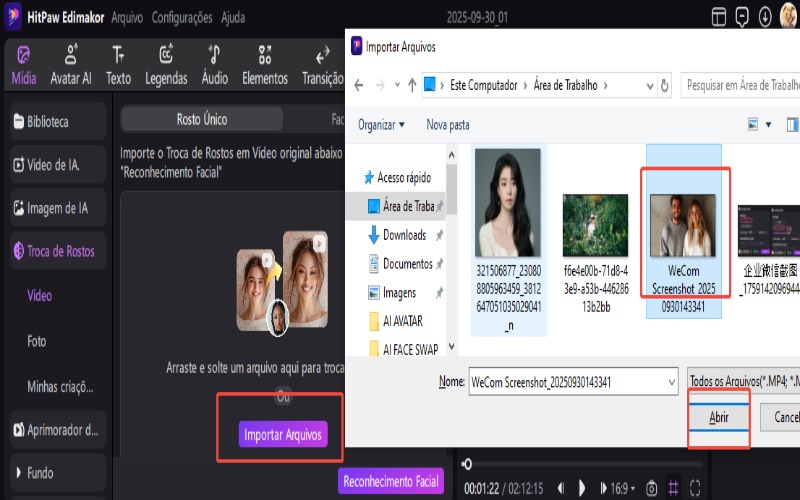 Importando um arquivo de vídeo de troca de rosto