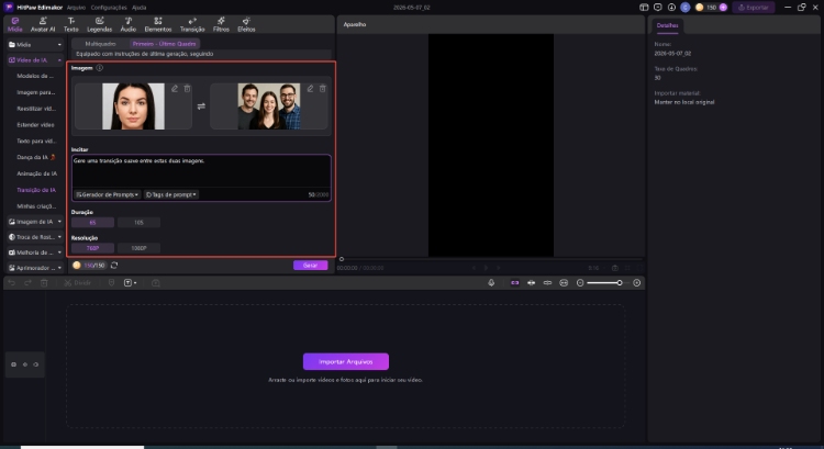 transições de vídeo com IA, upload de imagens