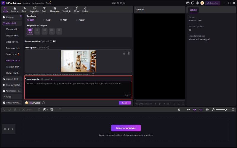 animação de IA com prompt negativo opcional