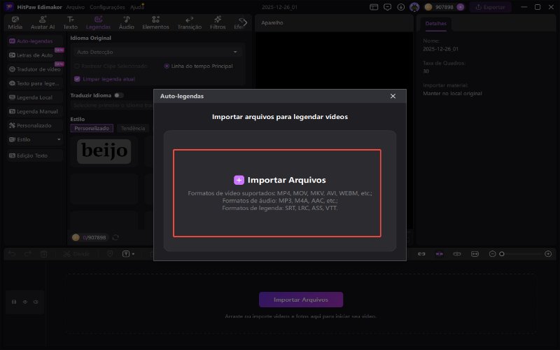 Janela de importação do HitPaw Edimakor