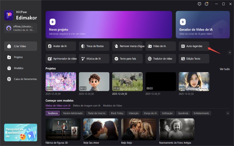 Interface de legendagem automática do HitPaw Edimakor