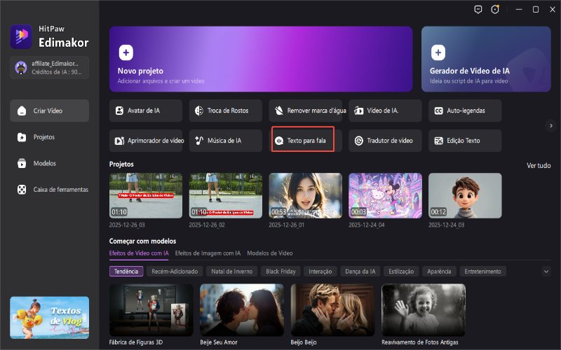 Interface de conversão de texto em fala do HitPaw Edimakor
