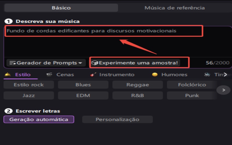 prompt aleatório de texto para música