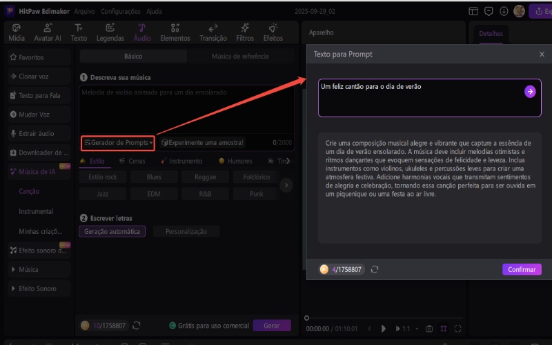 gerador de prompts de texto para música
