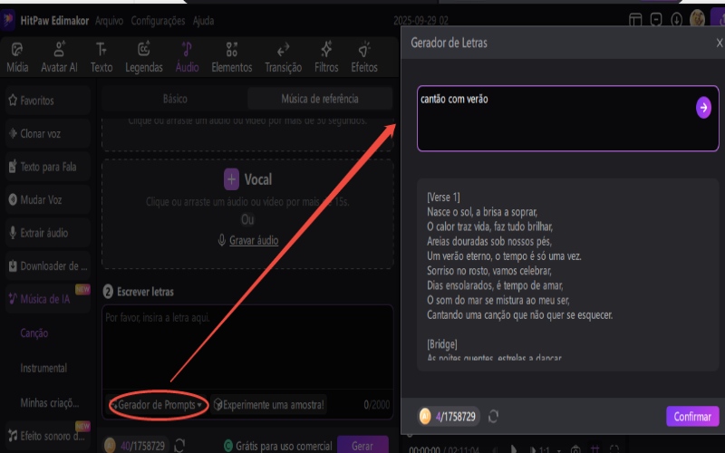 gerador de letras de música de referência