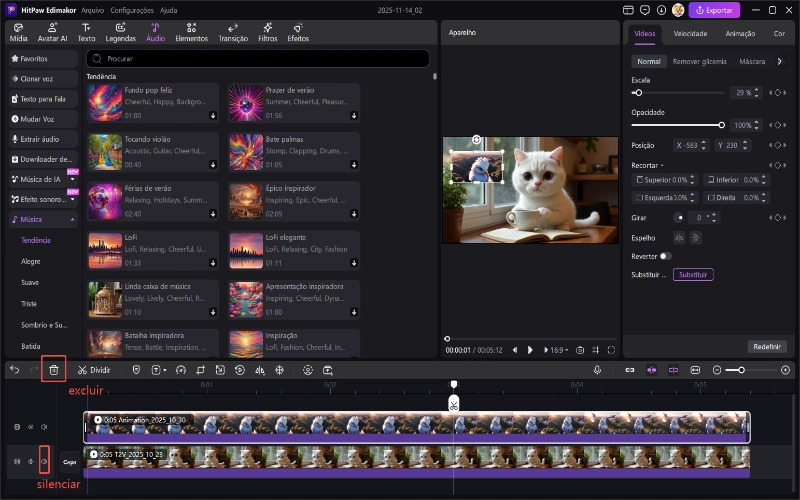 Silenciar e excluir música de fundo e efeitos sonoros
