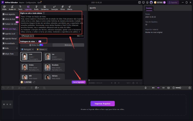 HitPaw Edimakor Legendas Automáticas - cole o texto para criar legendas a partir de texto simples.