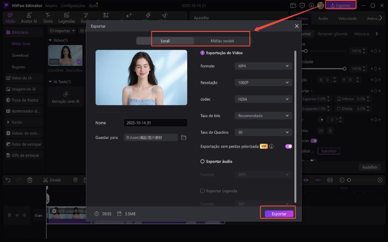 exportar após rever o vídeo