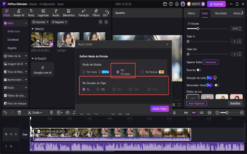 Use o recurso de corte de vídeo inteligente com IA.