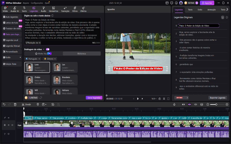HitPaw Edimakor Legendas Automáticas - cole o texto para criar legendas a partir de texto simples.