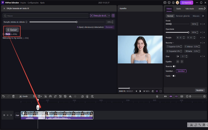 edição baseada em texto, exclua vídeo e texto