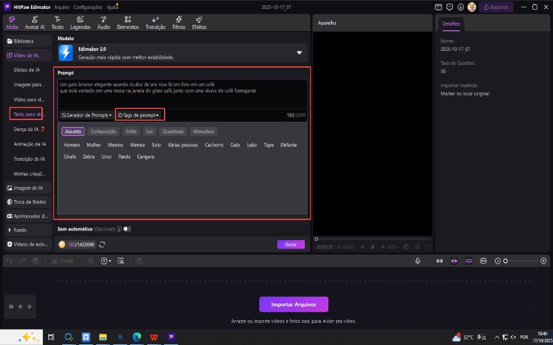 prompt de texto para vídeo de IA