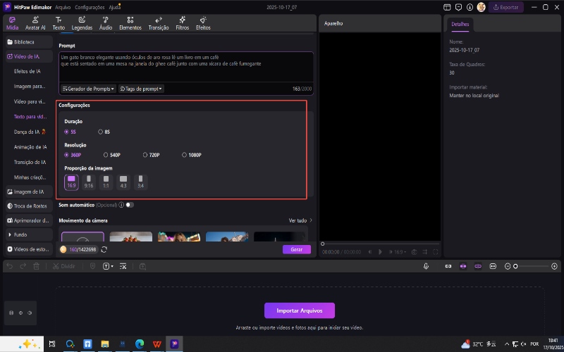 configurações de texto para vídeo de IA
