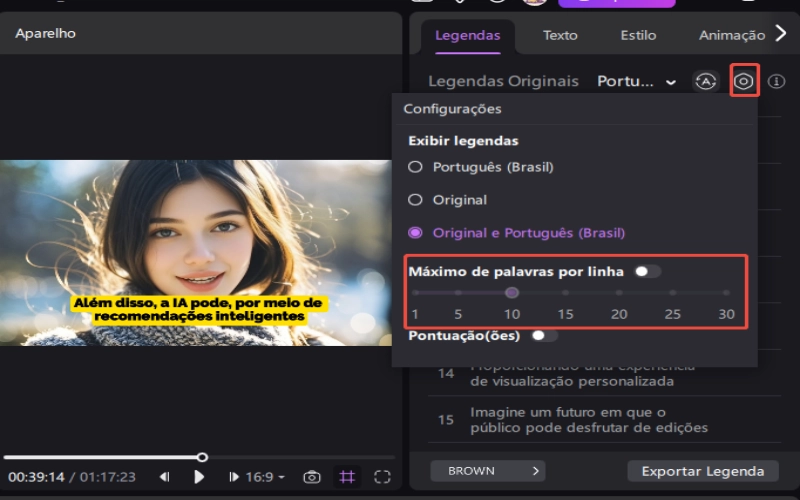 hitpaw edimakor ai tradutor - personalizar a duração das legendas