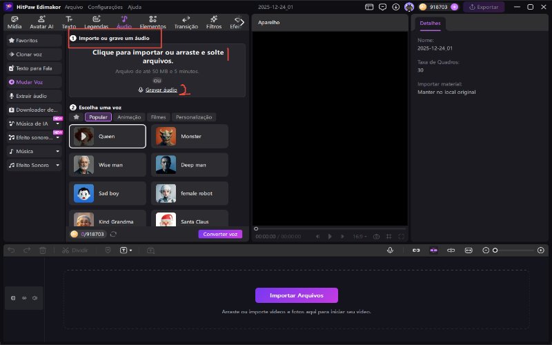 Envie um arquivo de áudio ou grave sua voz.