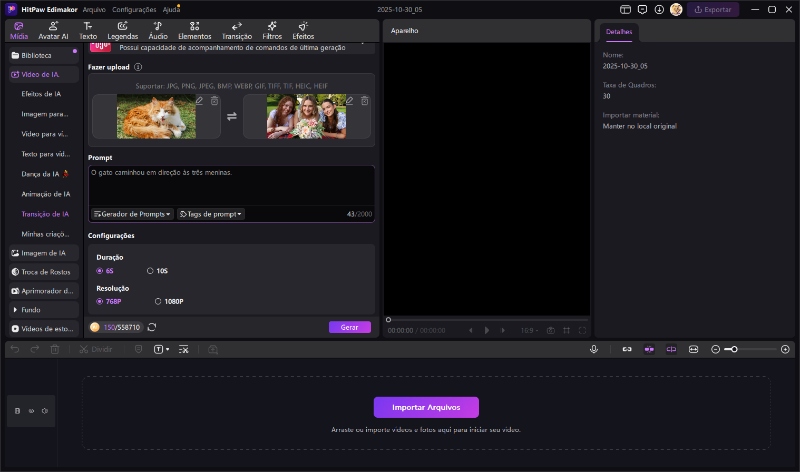 transições de vídeo com IA, upload de imagens
