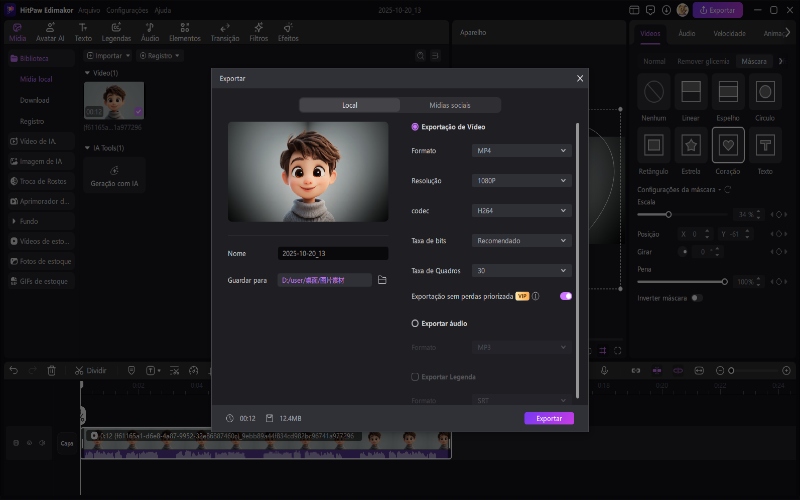 exportação de máscara de vídeo do edimakor